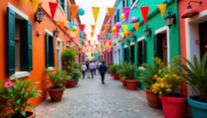 Fototapeta premium Colorful street lined with brightly painted buildings. People walk along decorated street. Decorations include colorful flags, balloons. Festival atmosphere with vibrant colors, joyful celebration.