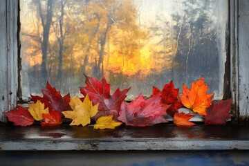 Obraz premium Autumn leaves rest on a weathered windowsill, reflecting a blurry sunset through rain-streaked glass.