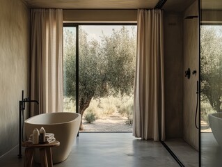 Fototapeta premium A bathroom with a bathtub and a shower. The bathtub is white and the shower is black
