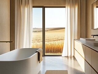 Fototapeta premium A bathroom with a bathtub and a window. The window has curtains and the bathroom has a view of a field