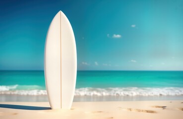 Blank white surfboard stands on sandy beach. Calm turquoise ocean and clear sky background. Summer vacation concept. Beautiful scenery for relaxing and surfing. Perfect for mockup and design.