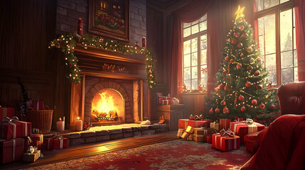 Cozy Christmas living room with fireplace, presents, and decorated tree;  holiday warmth and ambience