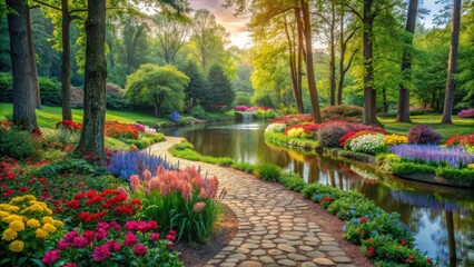 Colorful flowers in a lush garden with tall trees and a winding stone path leading to a picturesque pond, winding path, water feature