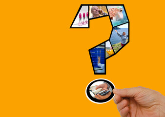 large question mark with photographs, photo collage people, plants, landscapes on isolated...