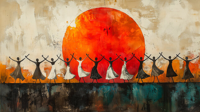 Abstract painting of Stick figure dancers under a vibrant sunset