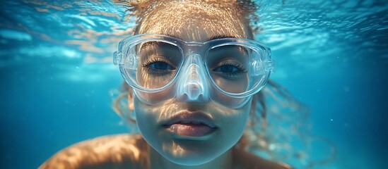 Fototapeta premium Underwater Serenity: A Girl's Close-Up Dive