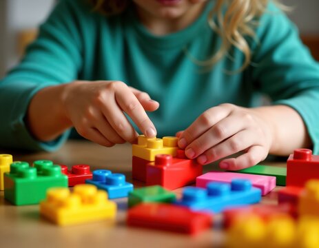 Child plays with colorful plastic building blocks. Hands focused on construction. Image close up. Preschooler engaged in play activity. Blocks create structure. Child develops creativity. Playtime