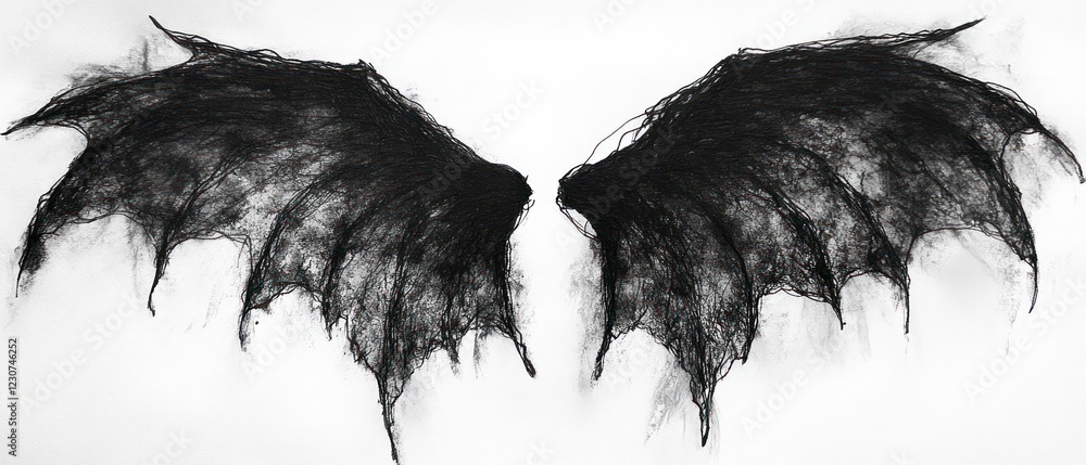 Aufkleber intricate black wings made from threads hang symmetrically in a minimalistic art space