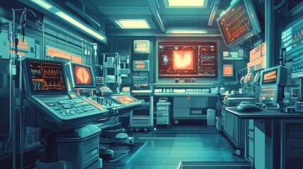 Obraz premium Futuristic Medical Examination Room with Teal and Orange Lighting