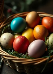 Naklejka premium Colored easter eggs in basket easter egg holiday illustration celebration easter