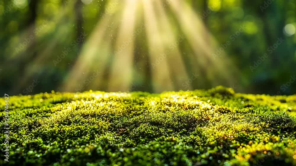 Poster sunlight filters through the trees, creating a magical atmosphere over the mossy forest floor