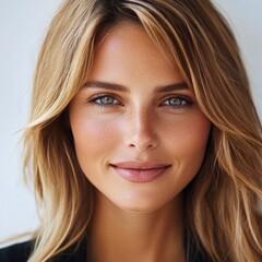 Obraz premium Woman with blonde hair displays a joyful smile indoors, illuminated by soft natural light