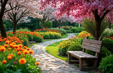 Fototapeta premium Scenic garden path winds through vibrant floral displays. Rich green plants borders pathway. Wooden bench invites relaxation. Colorful flowers blossom in spring season. Peaceful atmosphere. Perfect
