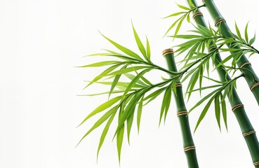 Fototapeta premium Fresh green bamboo foliage isolated on white background. Detailed illustration of bamboo stems, leaves. Natural plant design. Ideal for eco templates. Fresh nature background. Realistic image. Simple