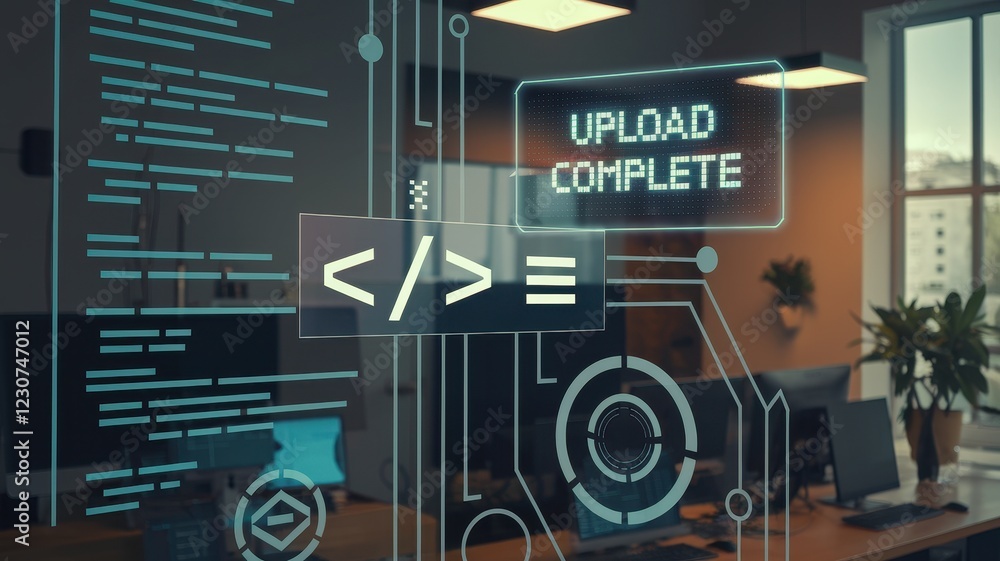 Poster successful data upload: modern tech office setting