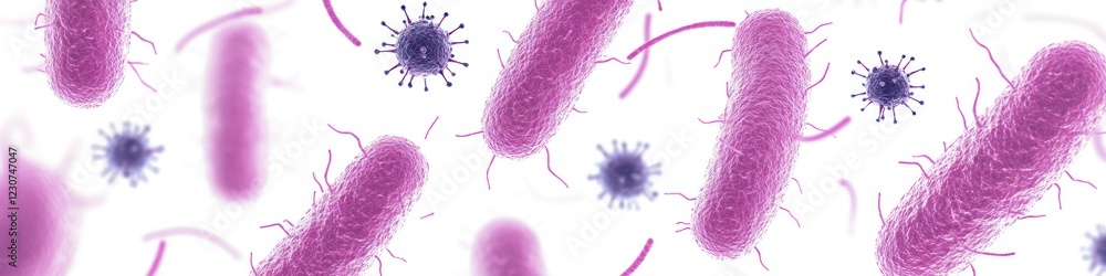Poster vibrant microscopic view of bacteria and viruses interacting, revealing the complexity of microbial 