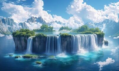 Island waterfall cascading into a turquoise sea, surrounded by lush greenery and snow-capped mountains under a vibrant sky.