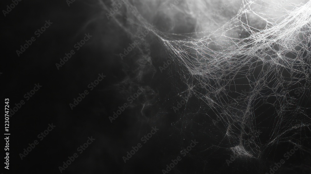 Poster a delicate spider web weaves intricate patterns with shimmering details, illuminated by dim light