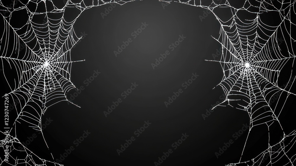 Poster intricate spider webs catch the light against a dark background, creating a sense of mysterious beau