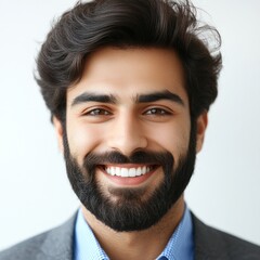 Fototapeta premium Portrait of a cheerful young man with dark hair and beard dressed in a suit, smiling warmly