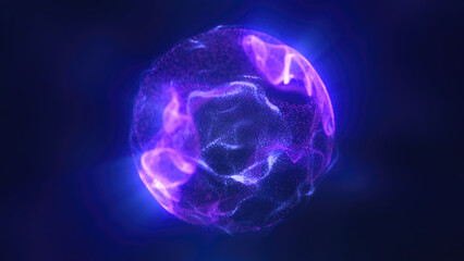 Purple glowing energy sphere with flowing particles and radiant light trails in dark abstract space futuristic background