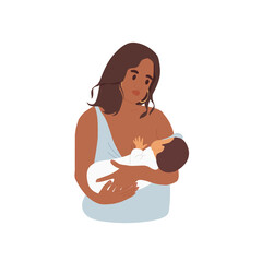 Breastfeeding illustration. Dark skinned mother breastfeeding her newborn child. Mom and baby, who suckling breast. Vector illustration isolated on white background