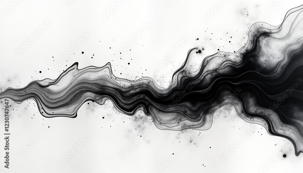 Poster abstract black ink design in water. fluid swirls, waves create dynamic movement on white background.