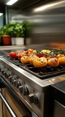 Vibrant vegetables, including tomatoes and bell peppers, are grilled on a sleek stovetop in a contemporary kitchen. Aromatic herbs add flavor as the gathering unfolds