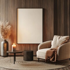 A white framed picture hangs on a wall. A chair is in front of the picture. A vase with a candle is on a table