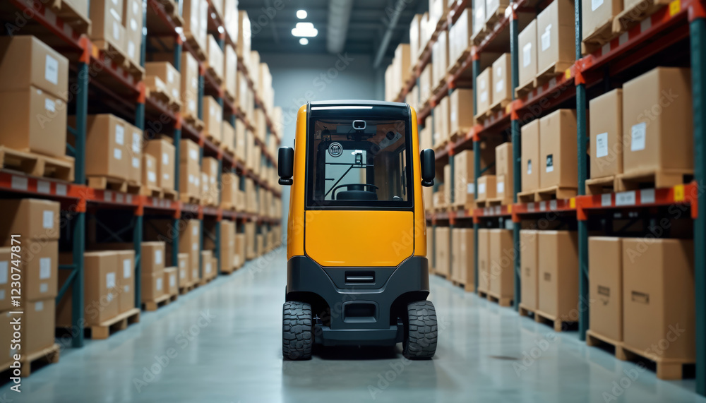 Poster automated guided vehicle moves inside warehouse. agv transports cargo in logistic center. warehouse 