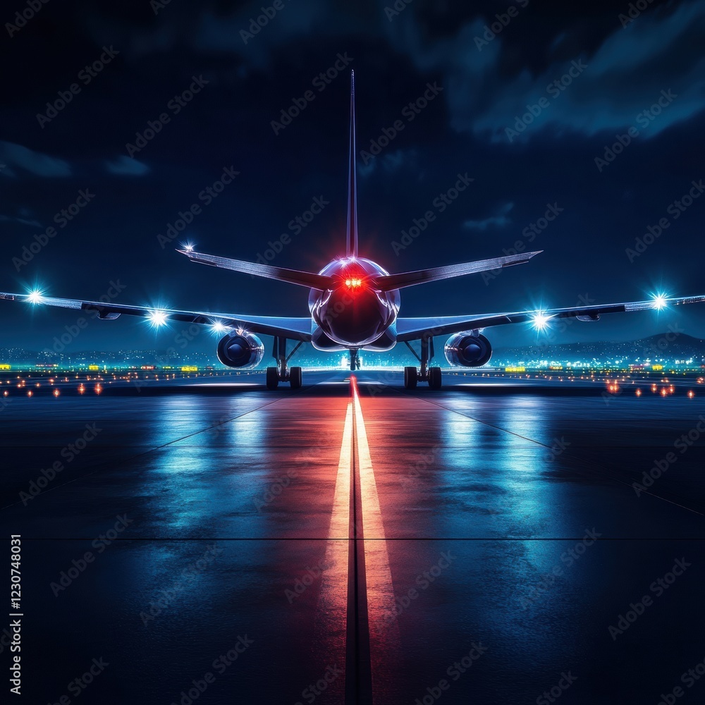 Poster airplane parked on illuminated runway with navigation lights during nighttime at airport. generative