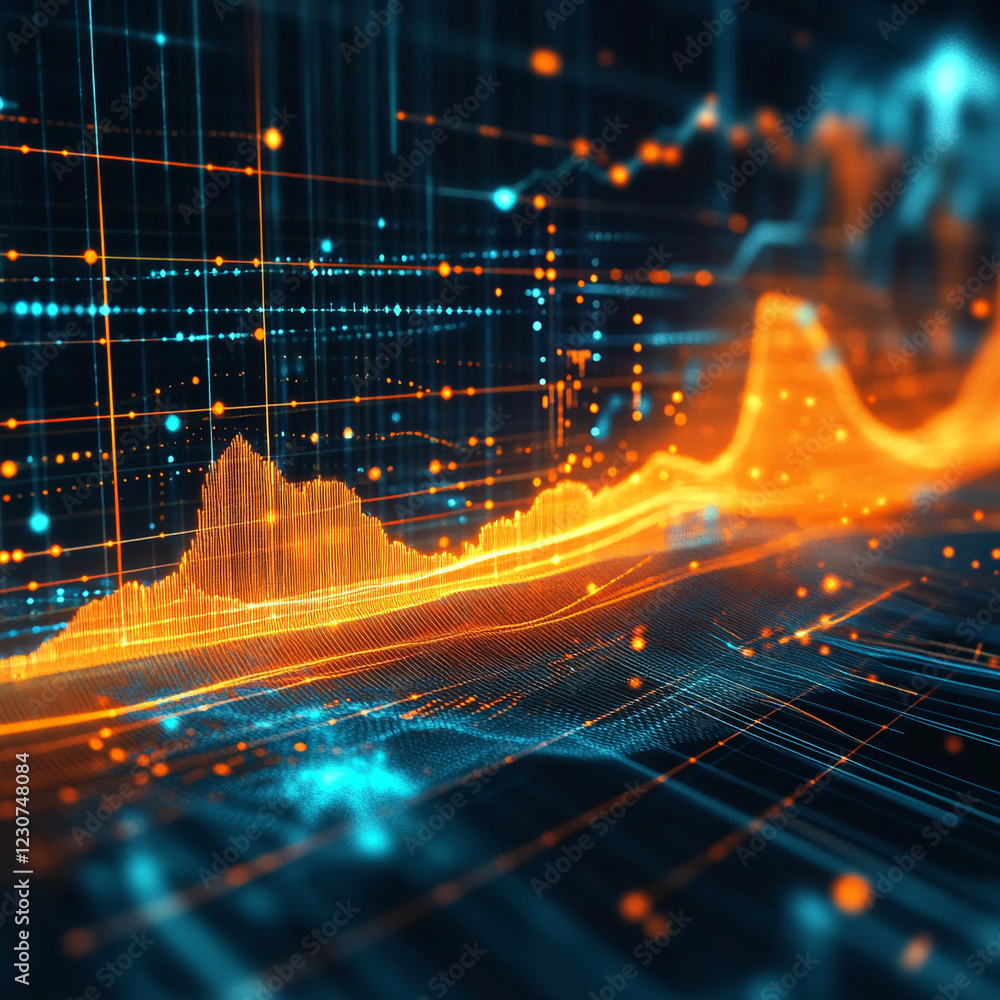 Aufkleber Abstract digital data visualization with orange and blue lines, dots, and wave patterns, showcasing a dynamic flow of information, representing modern technology and innovation.