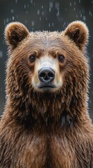 Obraz premium A powerful brown bear stands still in a dense forest as rain cascades down its fur. Its deep-set eyes reflect strength and serenity amidst the natural elements surrounding it