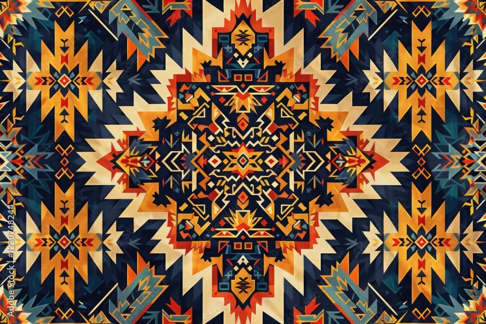Poster intricate native american-inspired geometric textile design with warm color palette and symmetrical 