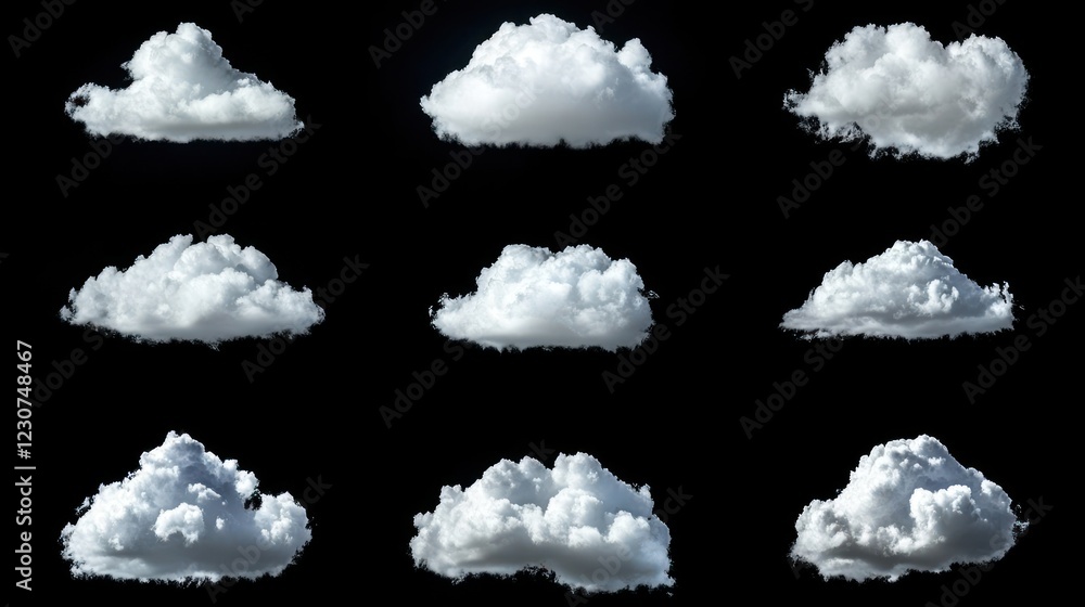 Poster different fluffy cloud formations float above a dark background creating unique textures and pattern