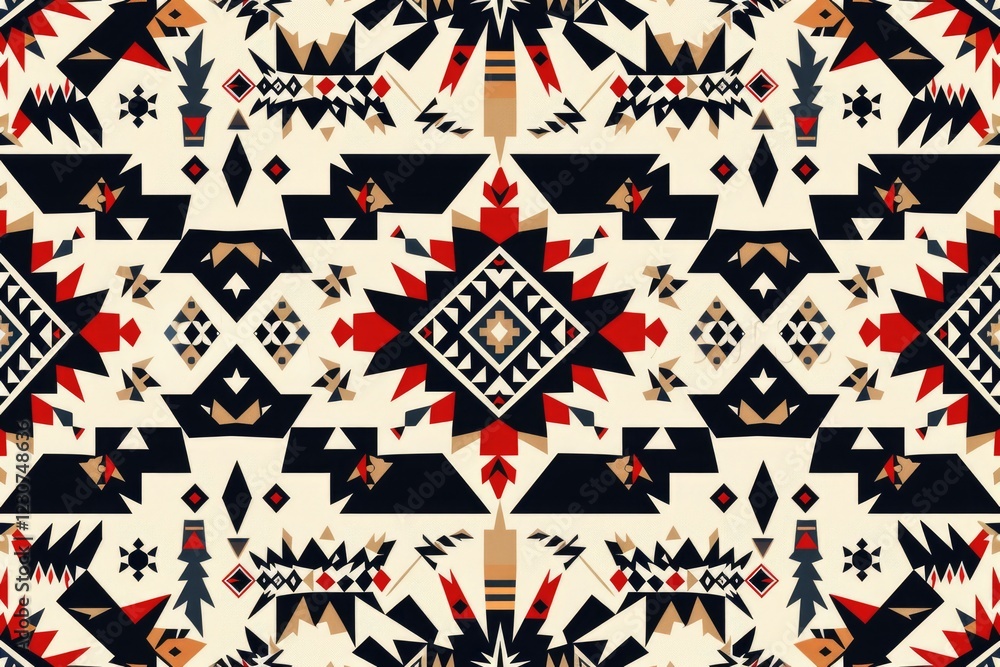 Poster geometric native american inspired design with bold colors and intricate patterns.