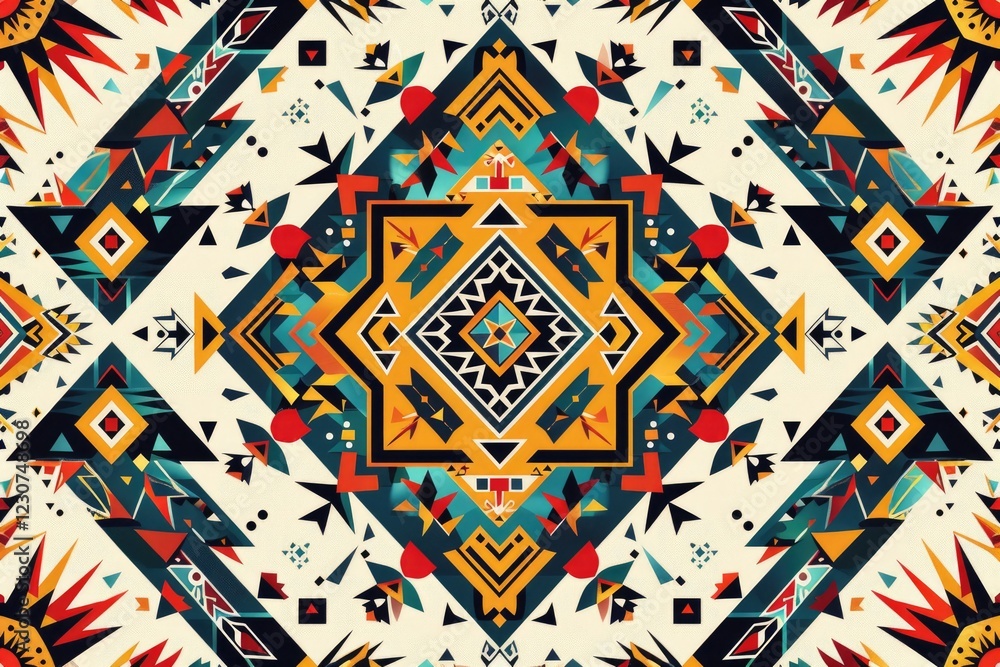 Aufkleber symmetrical abstract artwork with vibrant geometric patterns and bold colors in a native american st