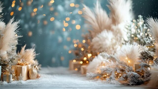 Cozy holiday ambiance with flickering lights and decorated gifts
