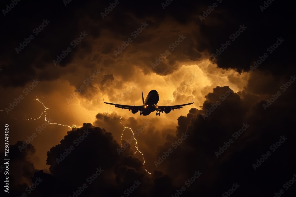 Aufkleber airplane navigates turbulent stormy clouds with vivid lightning strikes during a dramatic flight. ge