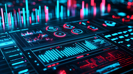 Obraz premium Futuristic data analysis dashboard displays charts, graphs, and metrics on a digital screen; background shows market trends