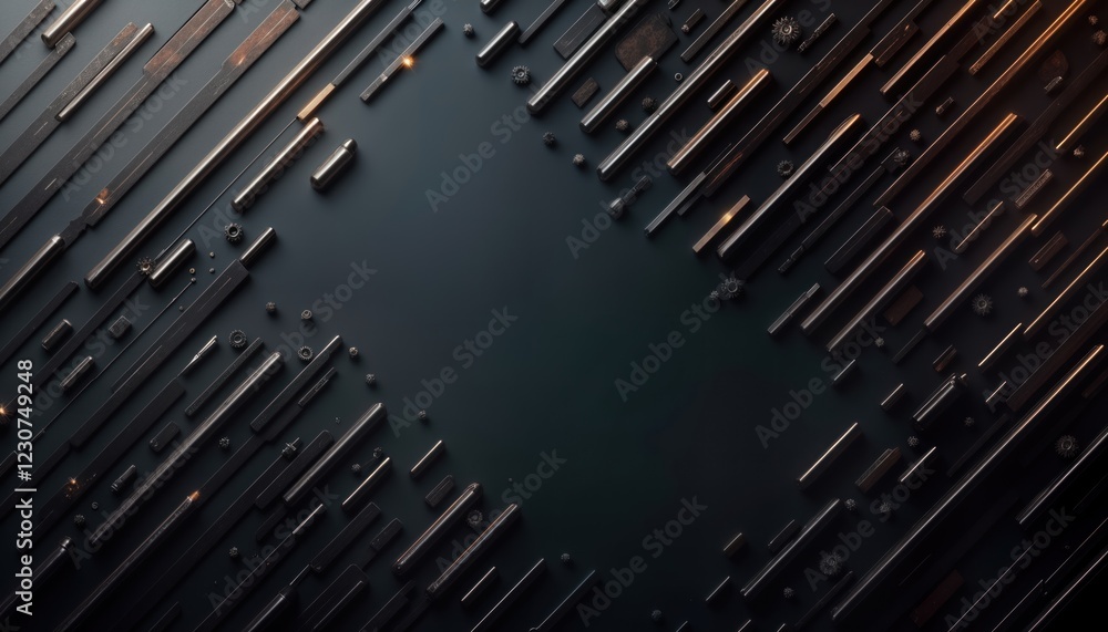 Poster abstract tech background with diagonal lines. metal elements, glowing particles create futuristic de