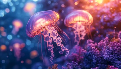 Naklejka premium Two luminous jellyfish gracefully swim amidst vibrant coral, bathed in warm, underwater light.