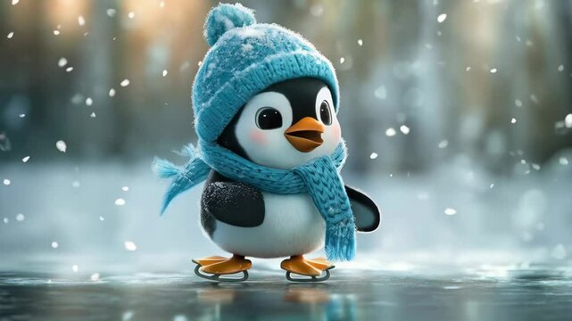 Adorable penguin ice skating in winter wonderland with falling snowflakes