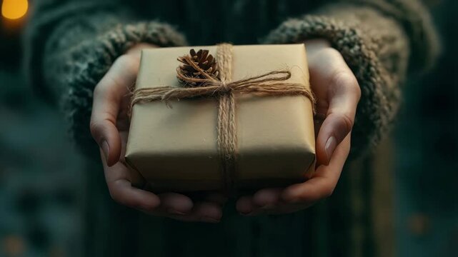 Hands offering a rustic gift box with pinecone and twine in cozy sweater ambiance