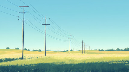 Scenic landscape with electric poles stretching across a green meadow under a clear blue sky. Electric Meadow. Illustration