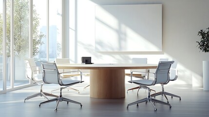 Empty meeting room with table and city view background