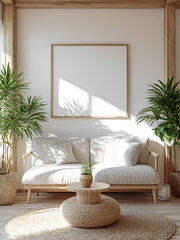 Art Minimalist living room and a blank picture frame mockup, beige, light wood, 300dpi, 3d render. interior design mockup