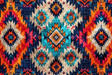 Obraz premium Vibrant Native American-inspired textile with geometric patterns in rich oranges, reds, blues, and turquoise.