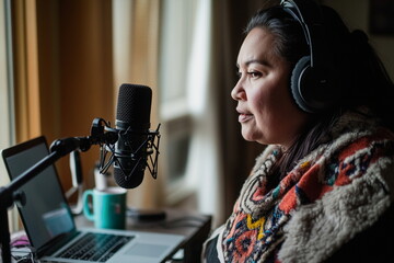 Young Indian woman recording vocals in a professional music studio. Close-up shot with a blurred background, highlighting the passion and creativity of a singer.

