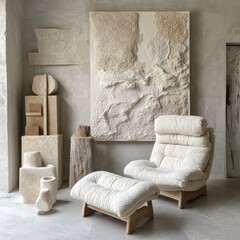 A white chair and ottoman are in a room with a white wall. There is a large white painting on the wall